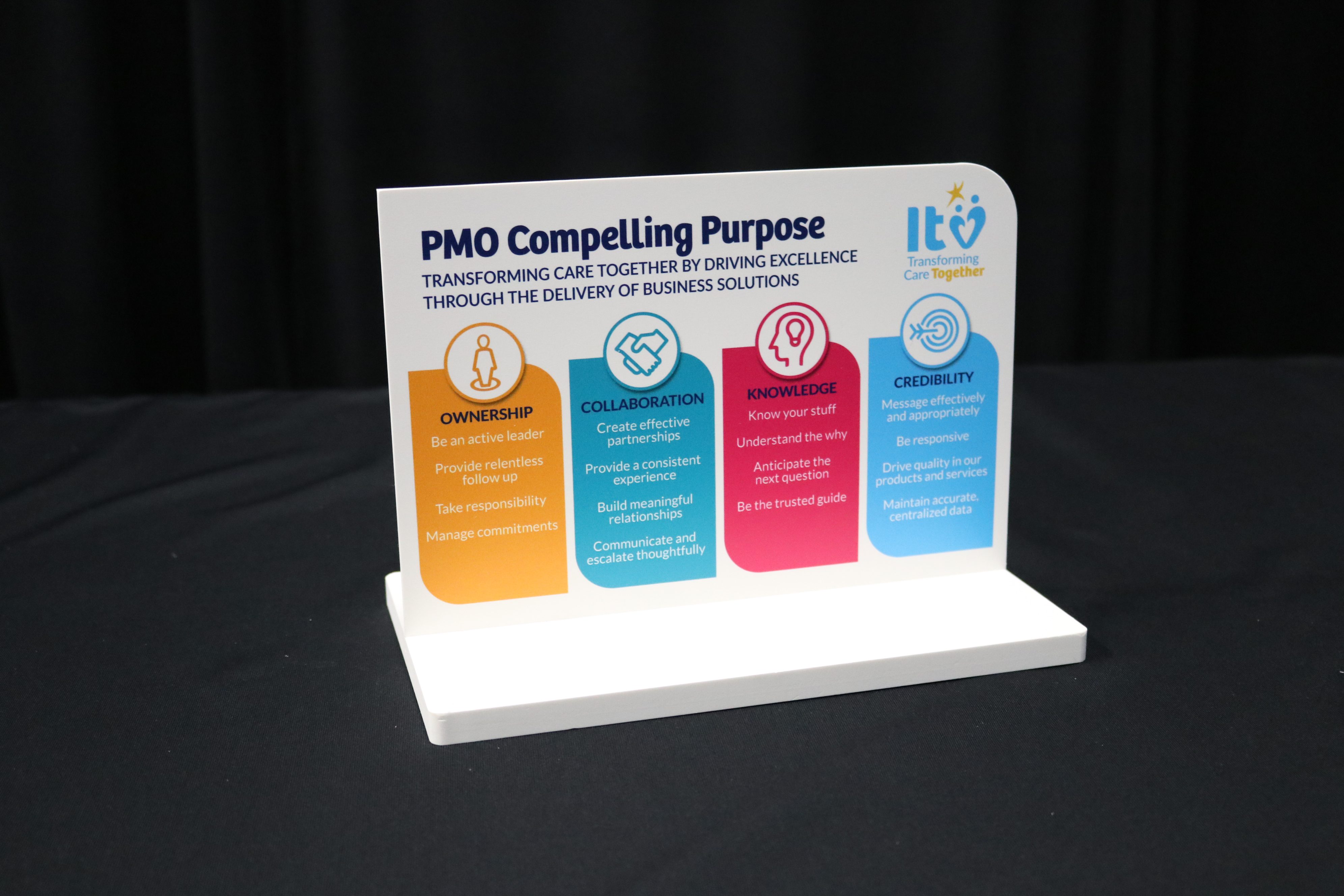 Printed tabletop display on PVC cut to shape and inserted into base.