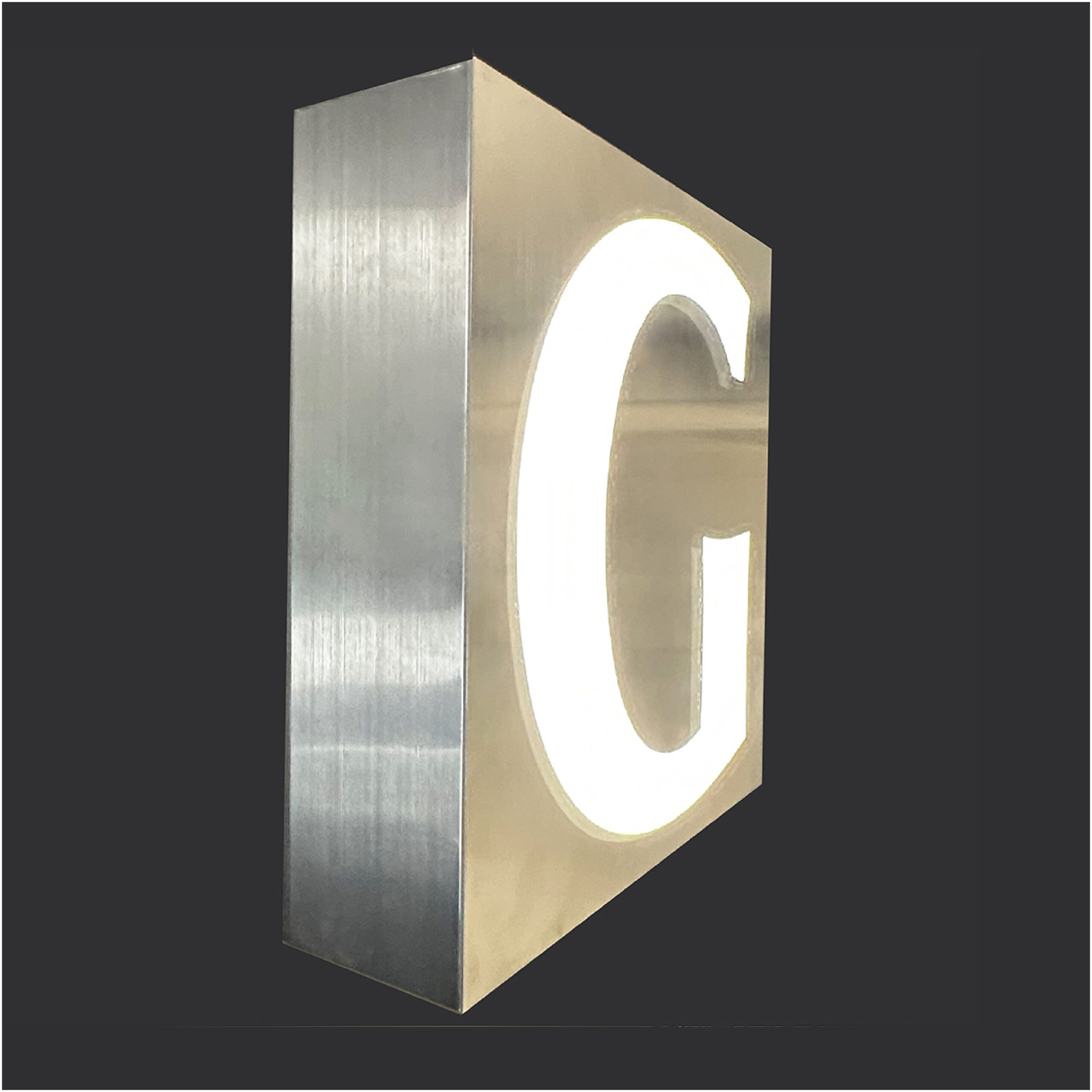 LED Letters for custom signage Framed LED Letters for custom signs on brushed silver aluminum metal