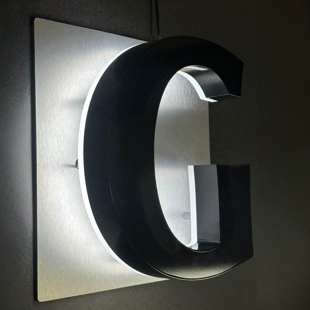 LED Letters for custom signage Backlit LED Letter on brushed silver aluminum metal