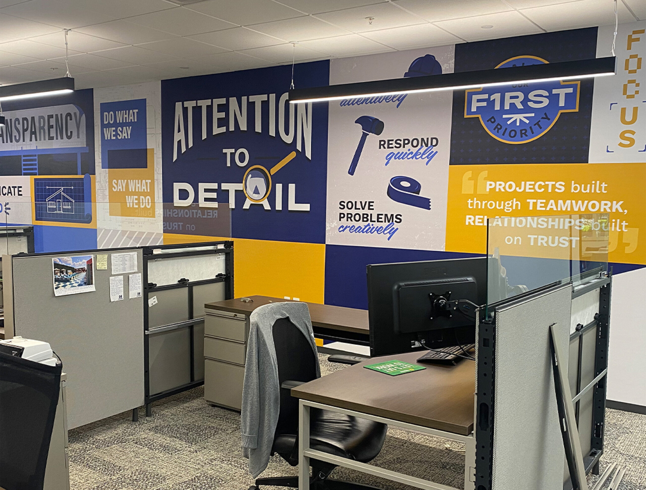 Custom printed wallpaper graphic installation for corporate office building