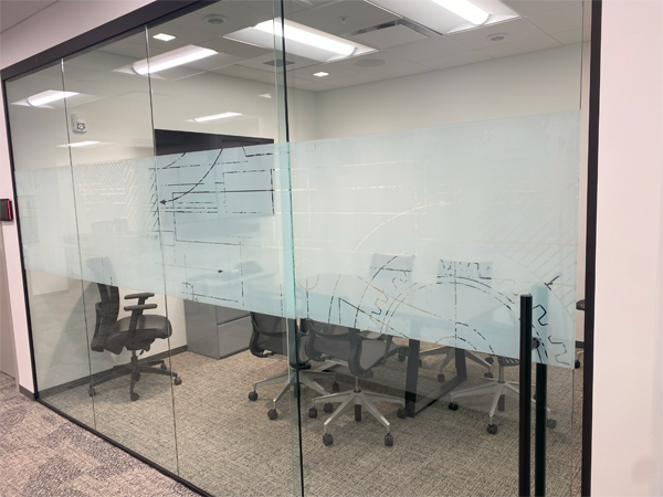 custom printed privacy film for conference meeting room Custom printed privacy film for conference room with etched design