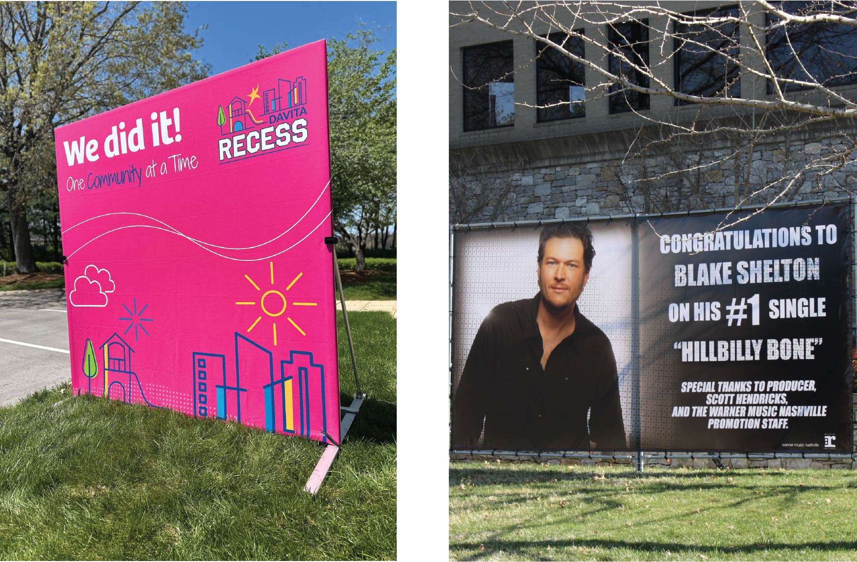 Custom free standing outdoor marketing signage and backdrop Custom free standing outdoor event backdrop double sided display