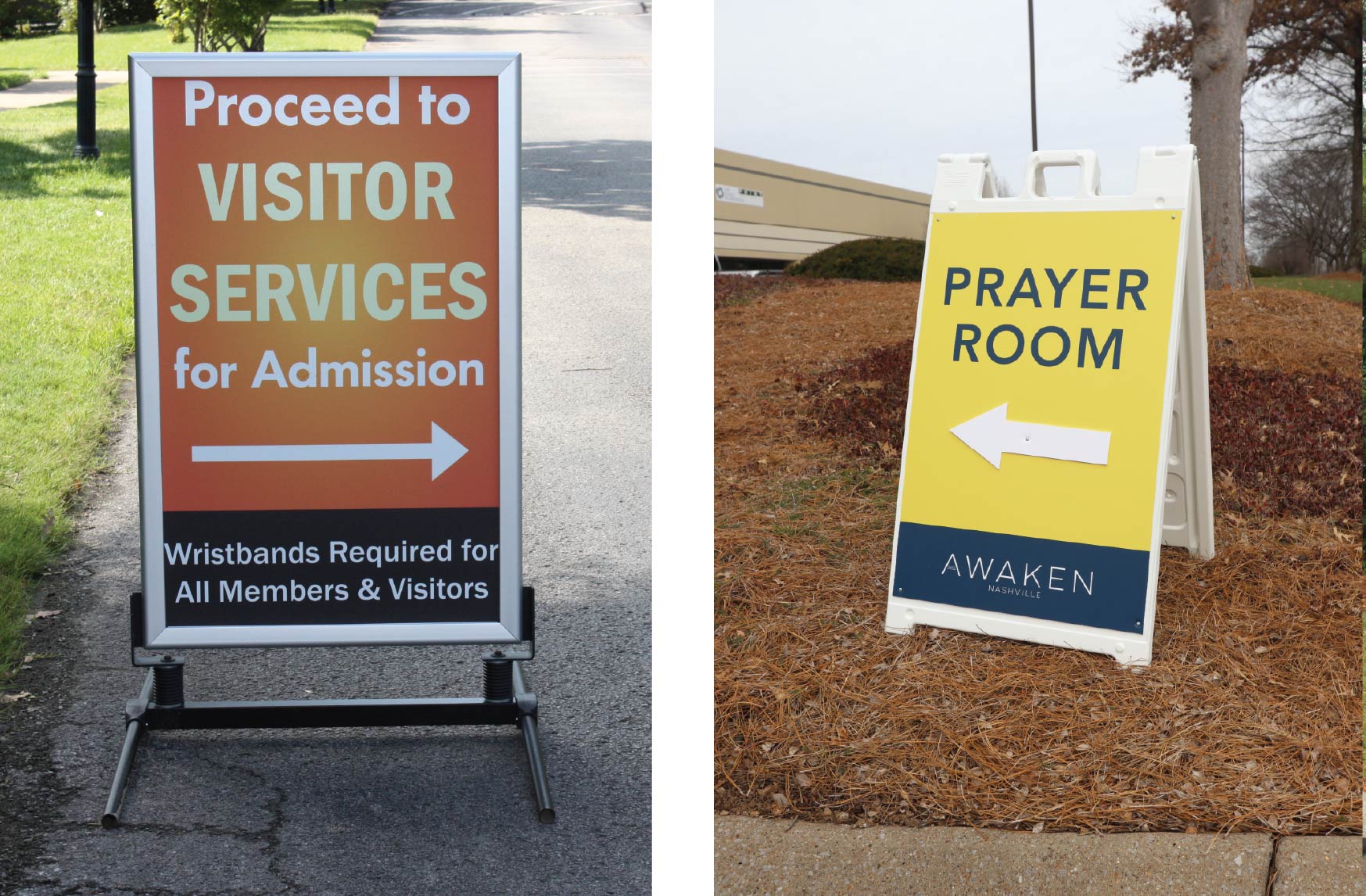 outdoor wayfinding curb signs for events and retail outdoor wayfinding signs for curb with custom printed double sided design