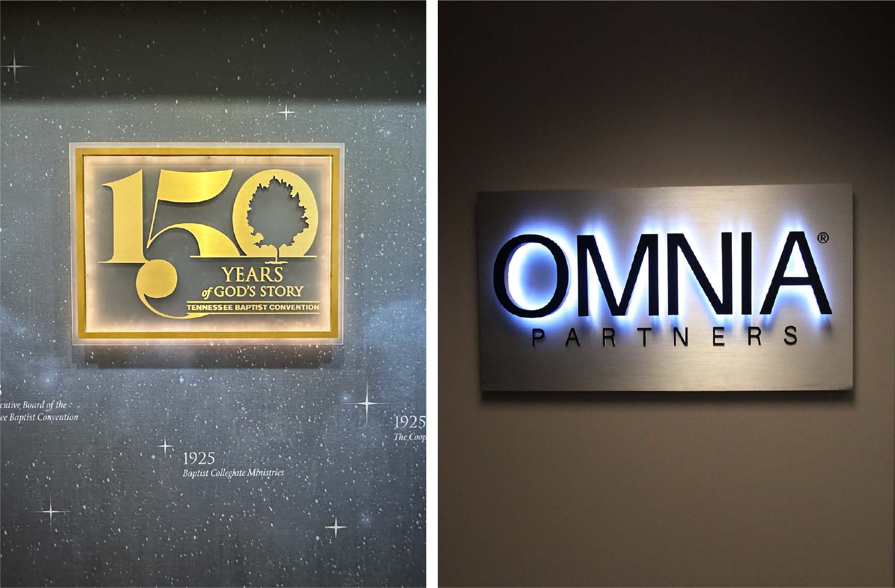 Illuminated 3D logo wall sign with LEDs displayed in modern corporate office lobby Custom LED Sign for Church lobby decor celebrating 150 years