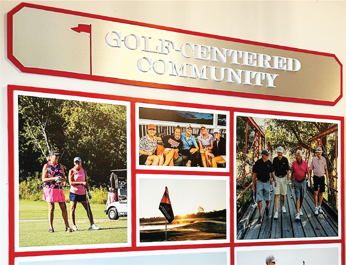 Custom golf club wall display with printed photos showing community members